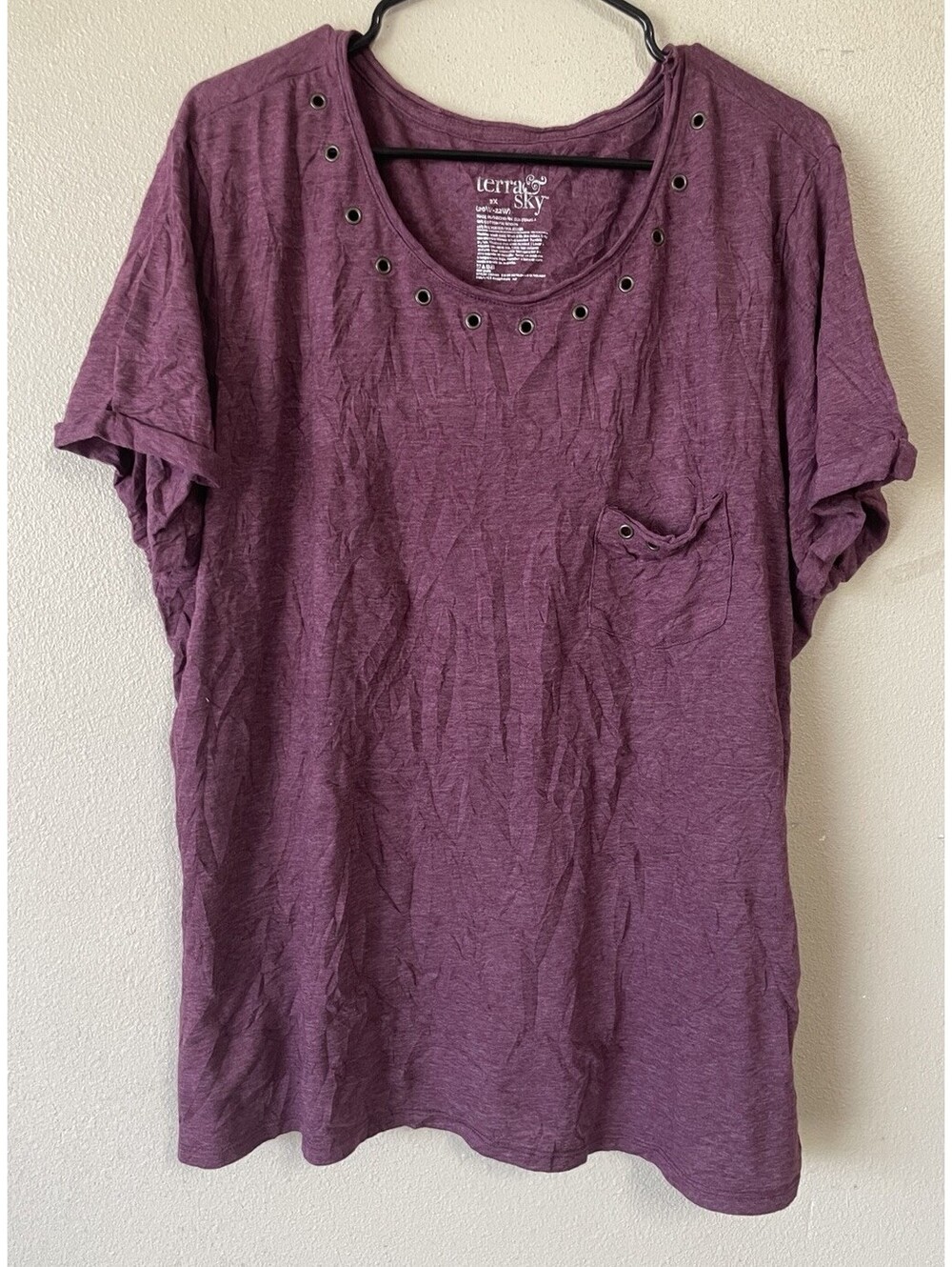Plus Size Tee 2x Terra Sky Maroon Red Short Sleeve Eyelet Detail